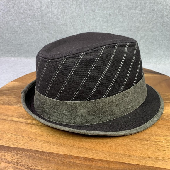 Fedora Hat Cotton Trilby Fitted Men L/XL Black Gray Pinstripe Faux Leather Band - Picture 5 of 13